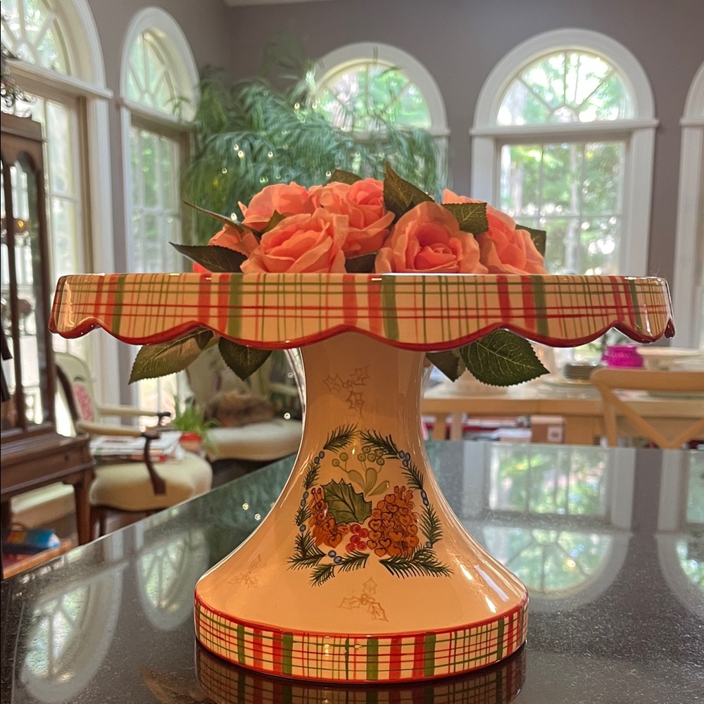 Cake Stand - Harry and David Cake Plate, Red & Green Plaid